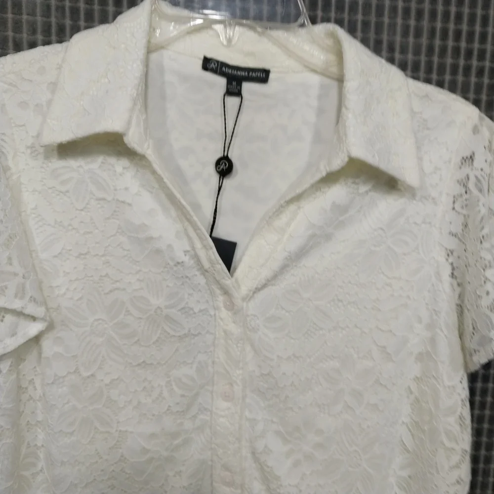 Adrianna Papell Womens Blouse Floral Lace Flutter Sleeve M Ivory AD1S303204